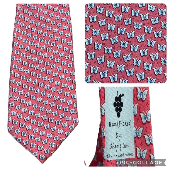 Vineyard Vines Blue Butterflies w/Pink Background Silk Necktie - 60" Long - Picture 1 of 9